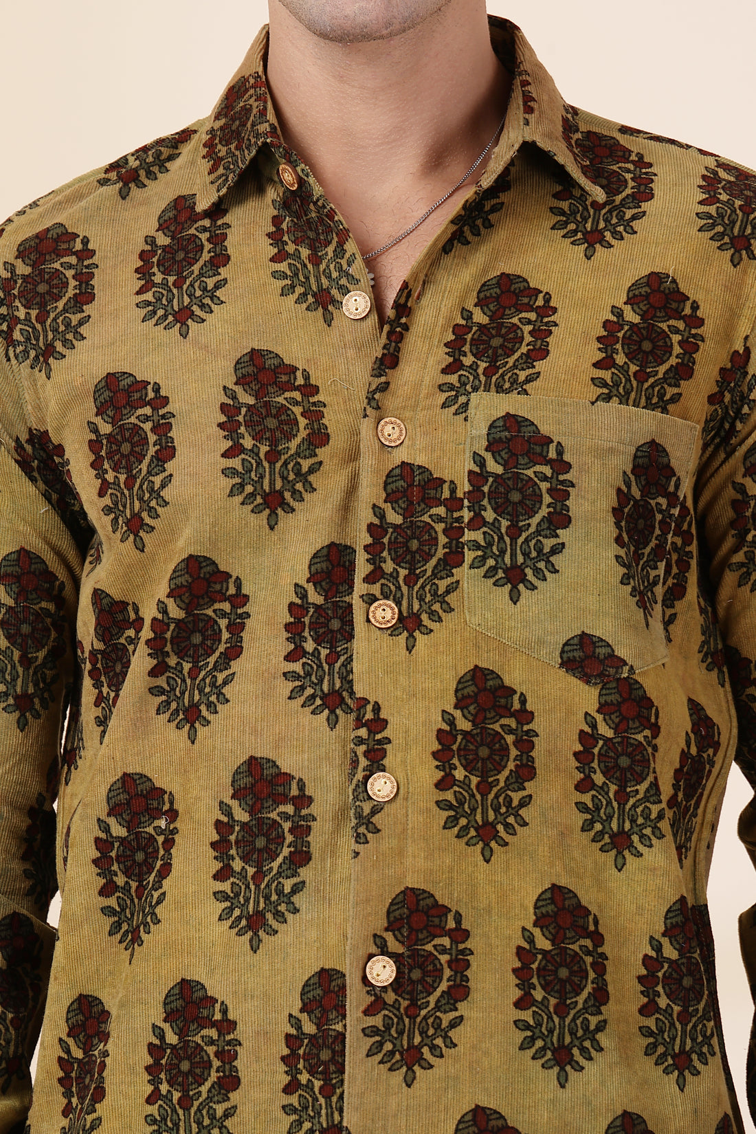 Men’s Olive Mustard Floral Hand-Block Print Corduroy Shirt – Premium Hand-Printed Button-Down