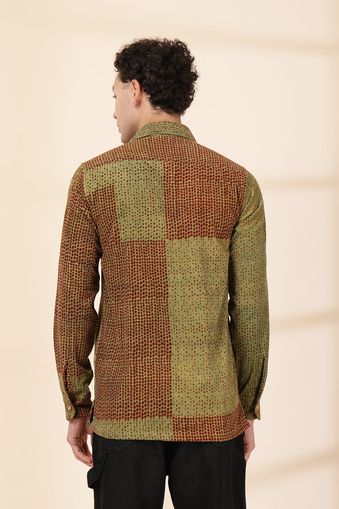 Men’s Olive & Rust Abstract Hand-Block Print Corduroy Shirt – Earth-Toned Geometric Button-Down