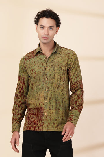 Men’s Olive & Rust Abstract Hand-Block Print Corduroy Shirt – Earth-Toned Geometric Button-Down
