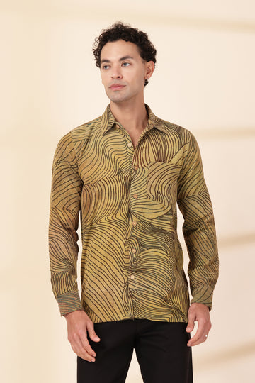 Men’s Earth-Tone Mosaic Corduroy Shirt – Olive & Rust Geometric Printed Button-Down