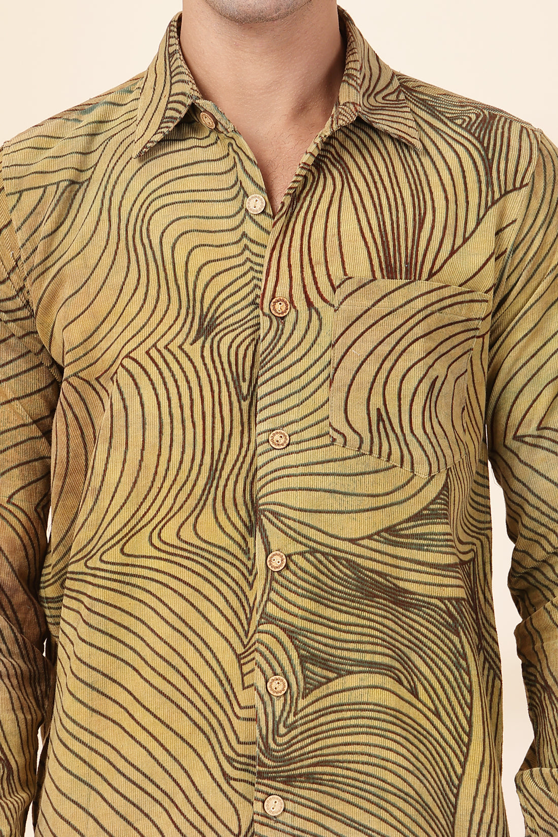 Men’s Earth-Tone Mosaic Corduroy Shirt – Olive & Rust Geometric Printed Button-Down