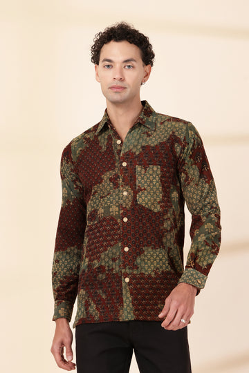 Men’s Mustard & Charcoal Abstract Wave Corduroy Shirt – Artistic Topographic Print
