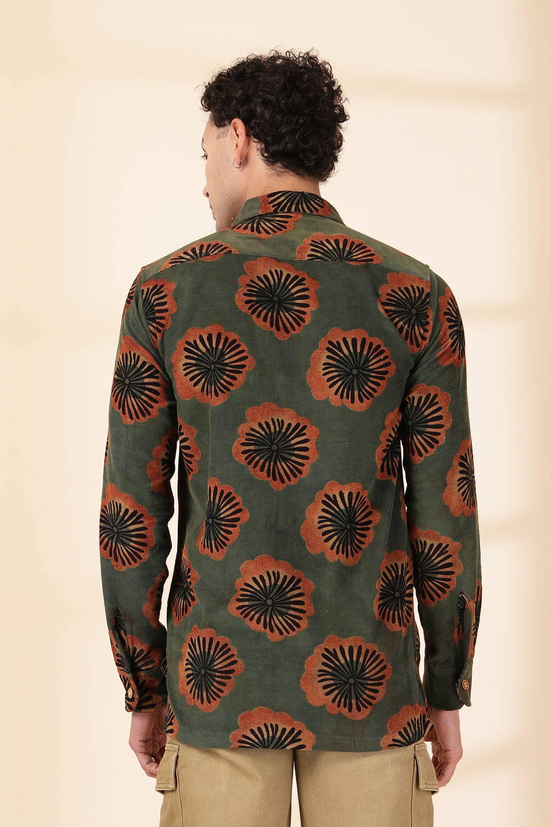 Men’s Mustard & Charcoal Abstract Wave Corduroy Shirt – Topographic Fluid Print