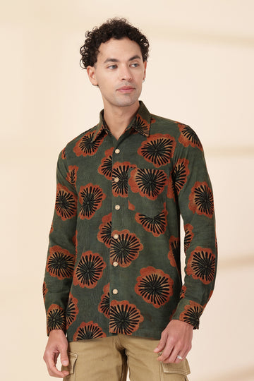 Men’s Mustard & Charcoal Abstract Wave Corduroy Shirt – Topographic Fluid Print