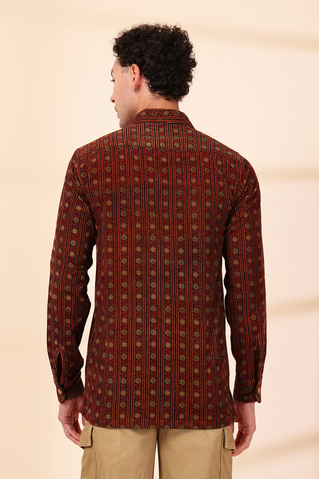 Men’s Deep Rust Hand-Block Corduroy Shirt – Vertical Heritage Print Button-Down