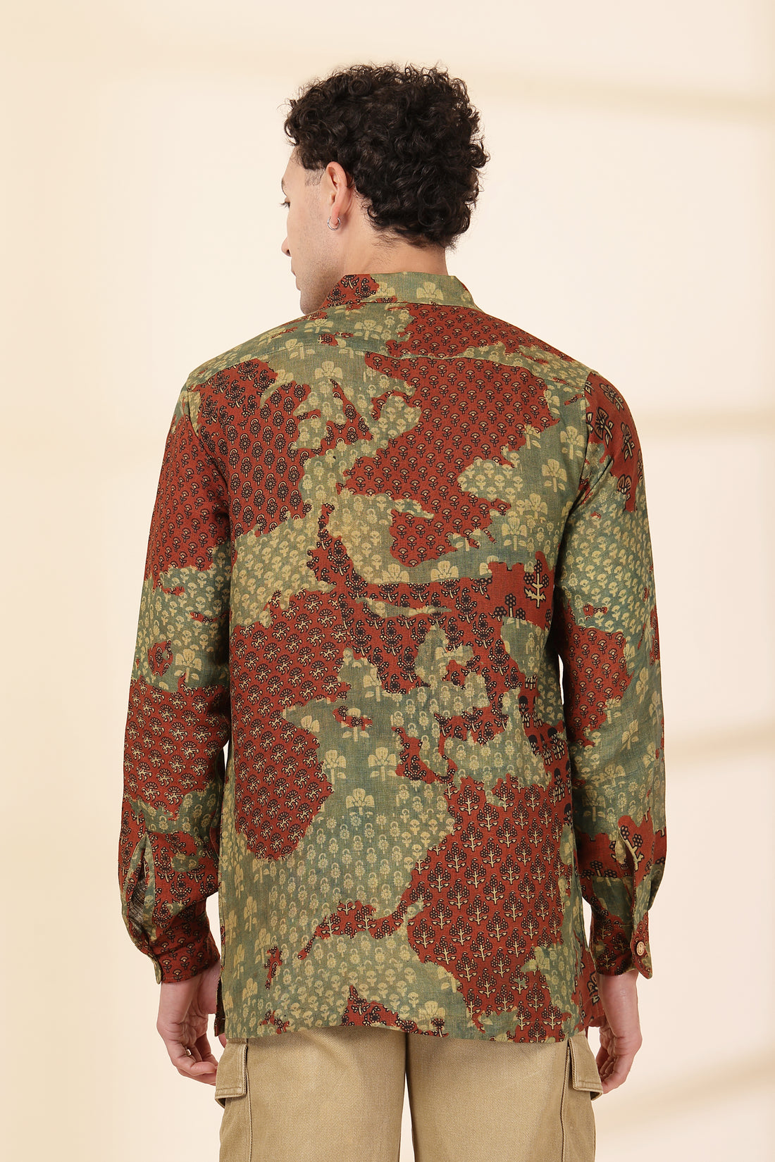 Men’s Sage & Terracotta Linen Patchwork Shirt – Artisanal Floral Print Button-Down