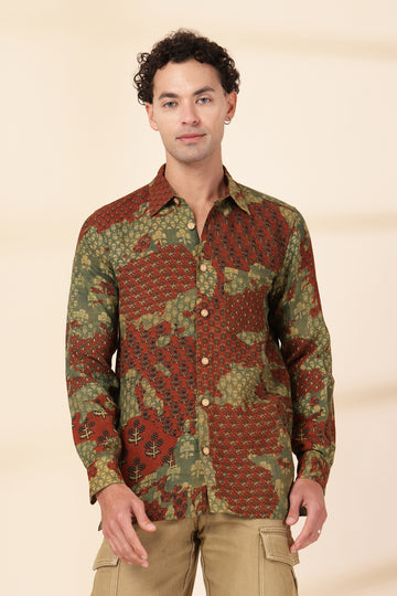 Men’s Sage & Terracotta Linen Patchwork Shirt – Artisanal Floral Print Button-Down
