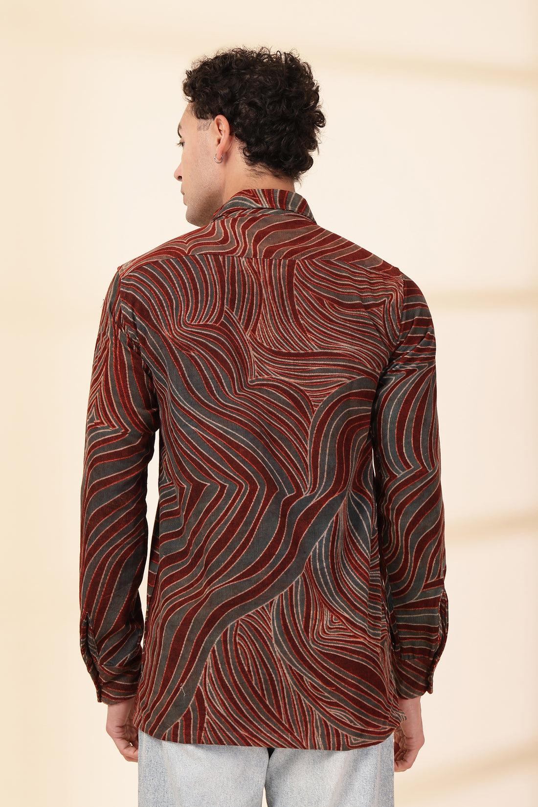 Men’s Rust & Charcoal Abstract Wave Corduroy Shirt – Topographic Fluid Print