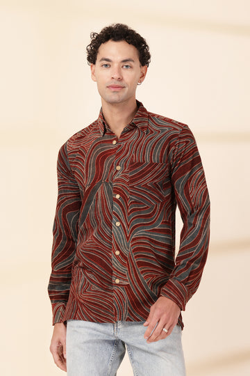 Men’s Rust & Charcoal Abstract Wave Corduroy Shirt – Topographic Fluid Print