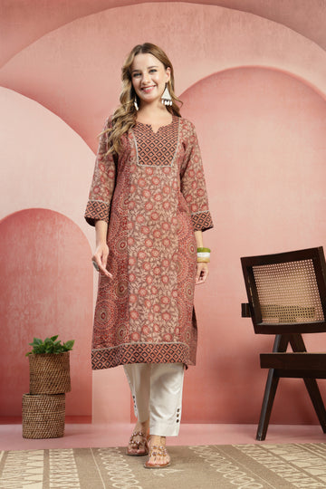 Rust Brown Ethnic Print Cotton Straight Dress with 3/4 Sleeves