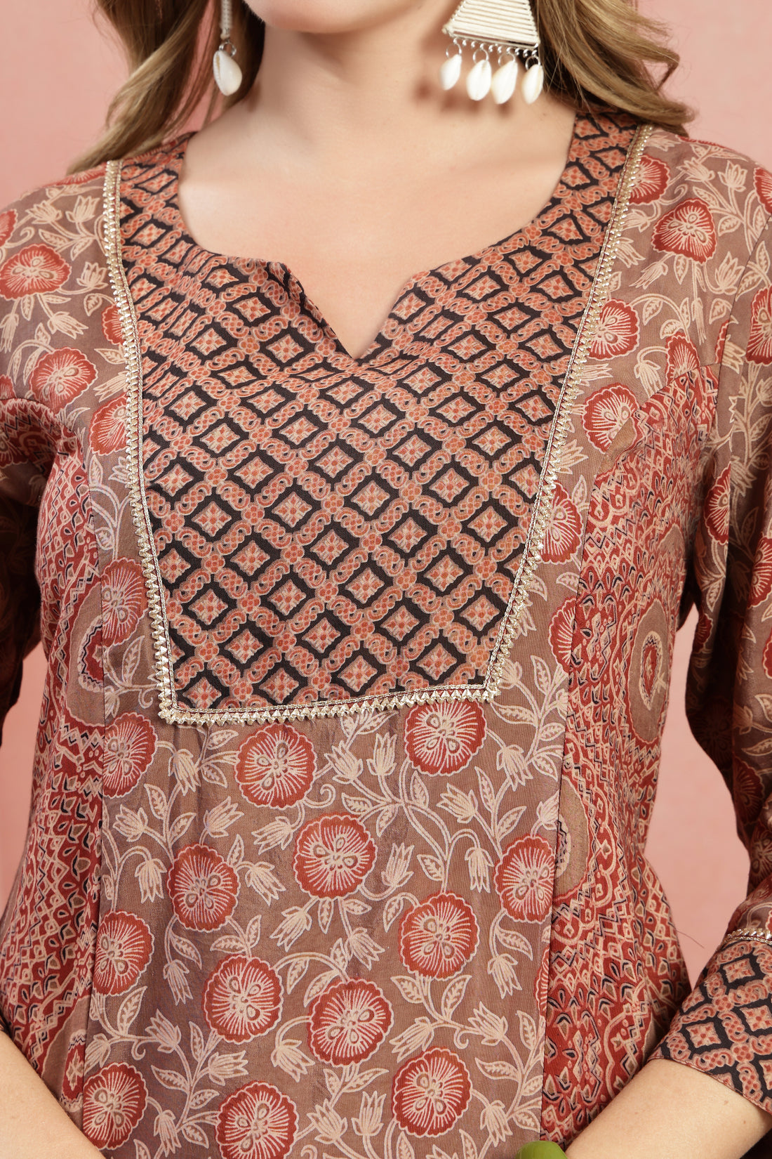Rust Brown Ethnic Print Cotton Straight Dress with 3/4 Sleeves