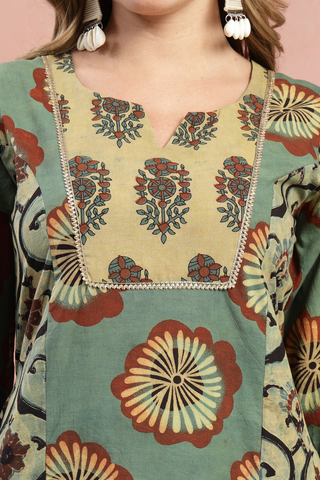 Green Ethnic Print Assam Silk Straight Dress with 3/4 Sleeves for Women