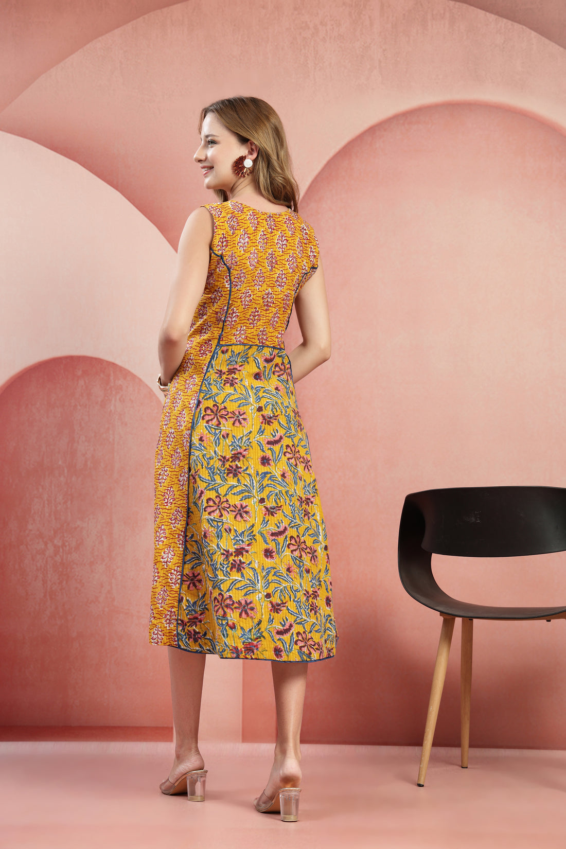 Mustard Yellow Floral Print Pure Cotton Sleeveless Fit & Flare Dress for Women
