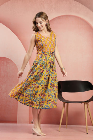 Mustard Yellow Floral Print Pure Cotton Sleeveless Fit & Flare Dress for Women