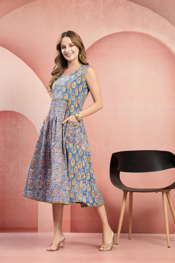 Blue Floral Print Pure Cotton Sleeveless Fit & Flare Dress for Women