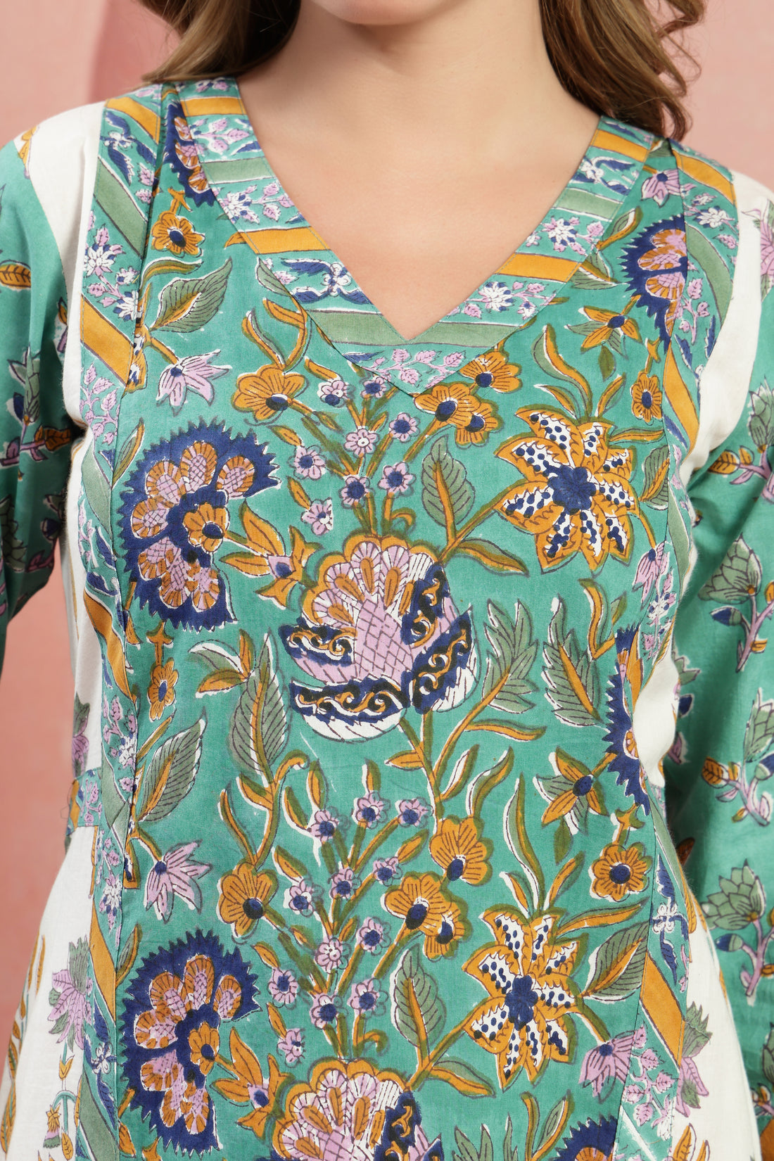 Teal Green Floral Print Pure Cotton V-Neck A-Line Dress for Women