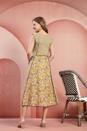 Mustard Yellow Floral Print Pure Cotton Sleeveless Fit & Flare Dress for Women