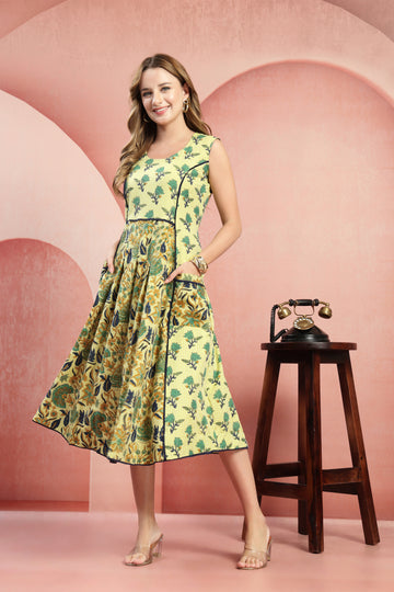 Hand-Printed Artisanal Cotton Paneled Midi Dress