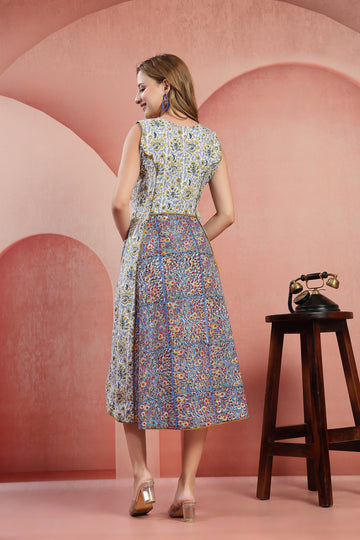 Hand-Blocked Cotton Midi Dress – Sleeveless Fit & Flare