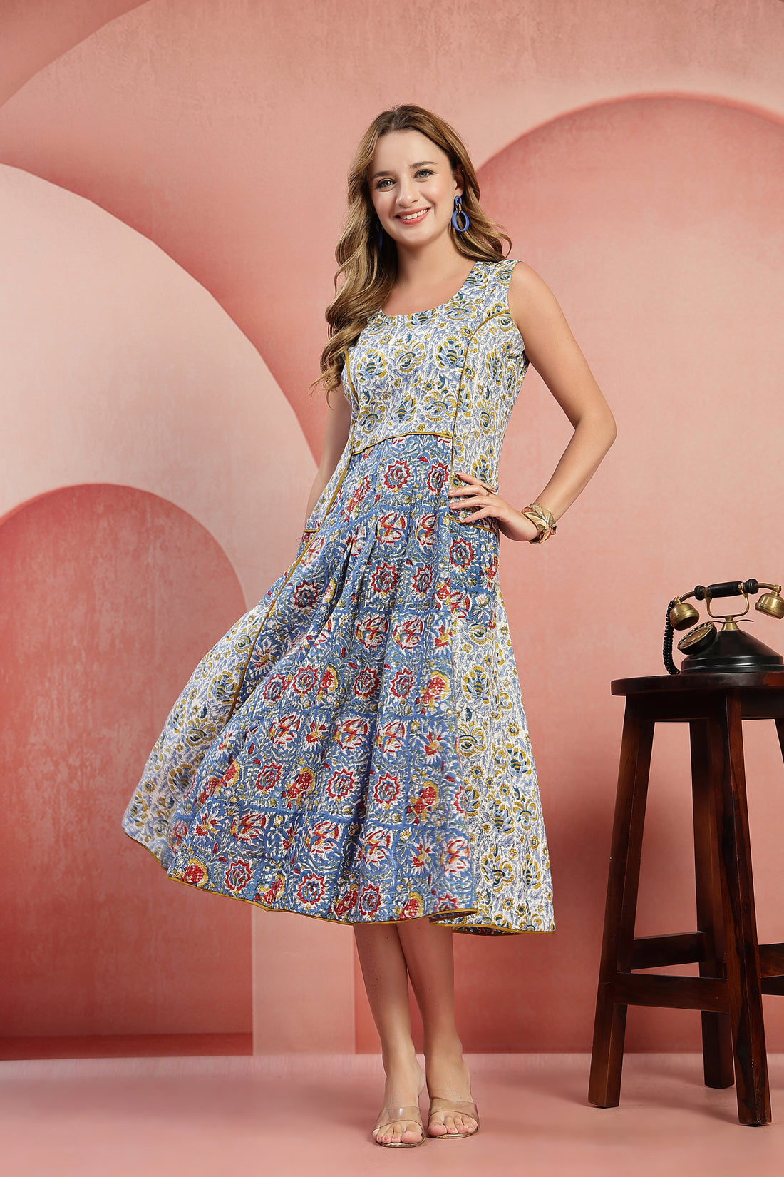 Hand-Blocked Cotton Midi Dress – Sleeveless Fit & Flare