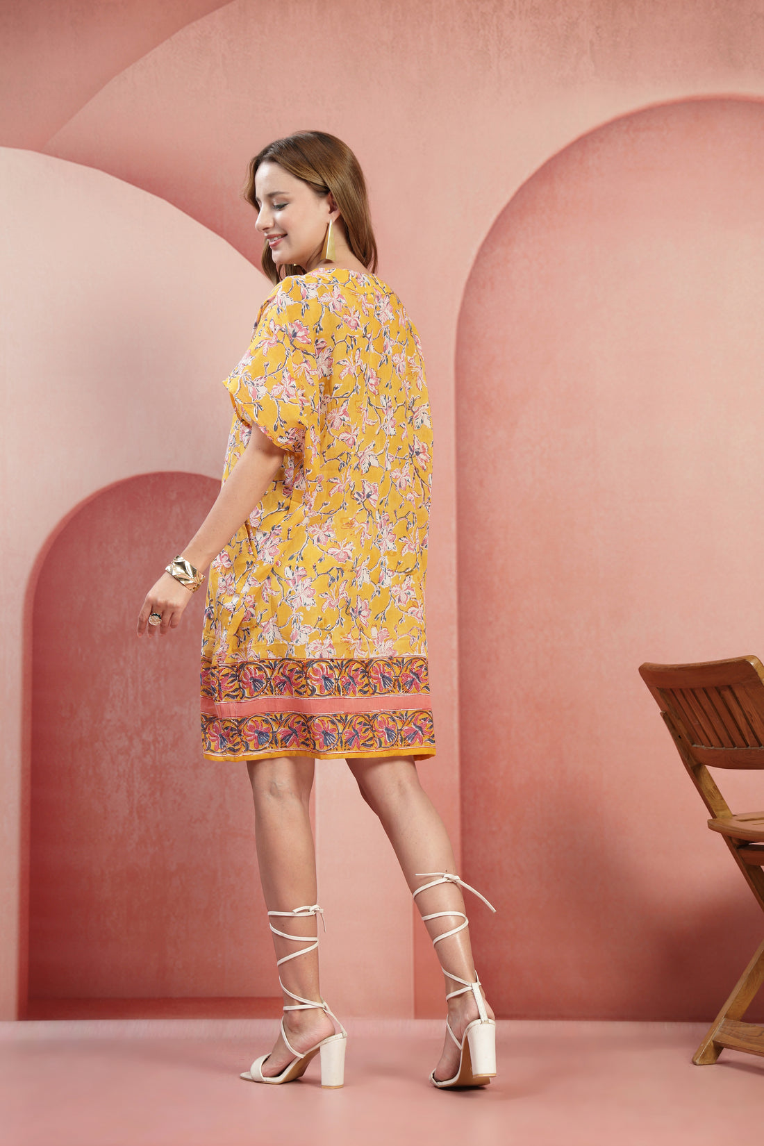 Golden Sun Floral Cotton Kaftan Dress