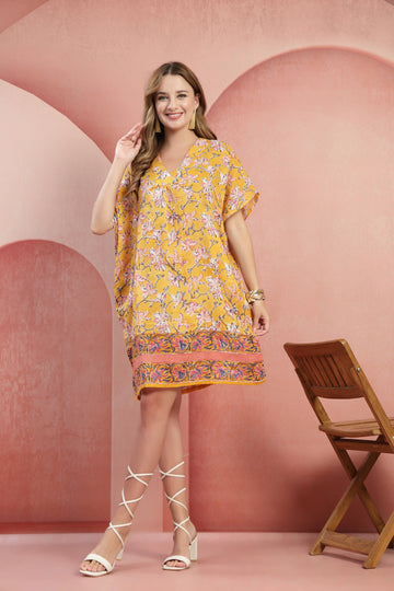 Golden Sun Floral Cotton Kaftan Dress