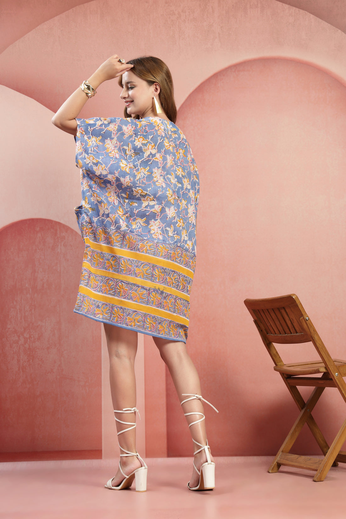 Serene Blue Floral Cotton Kaftan Dress