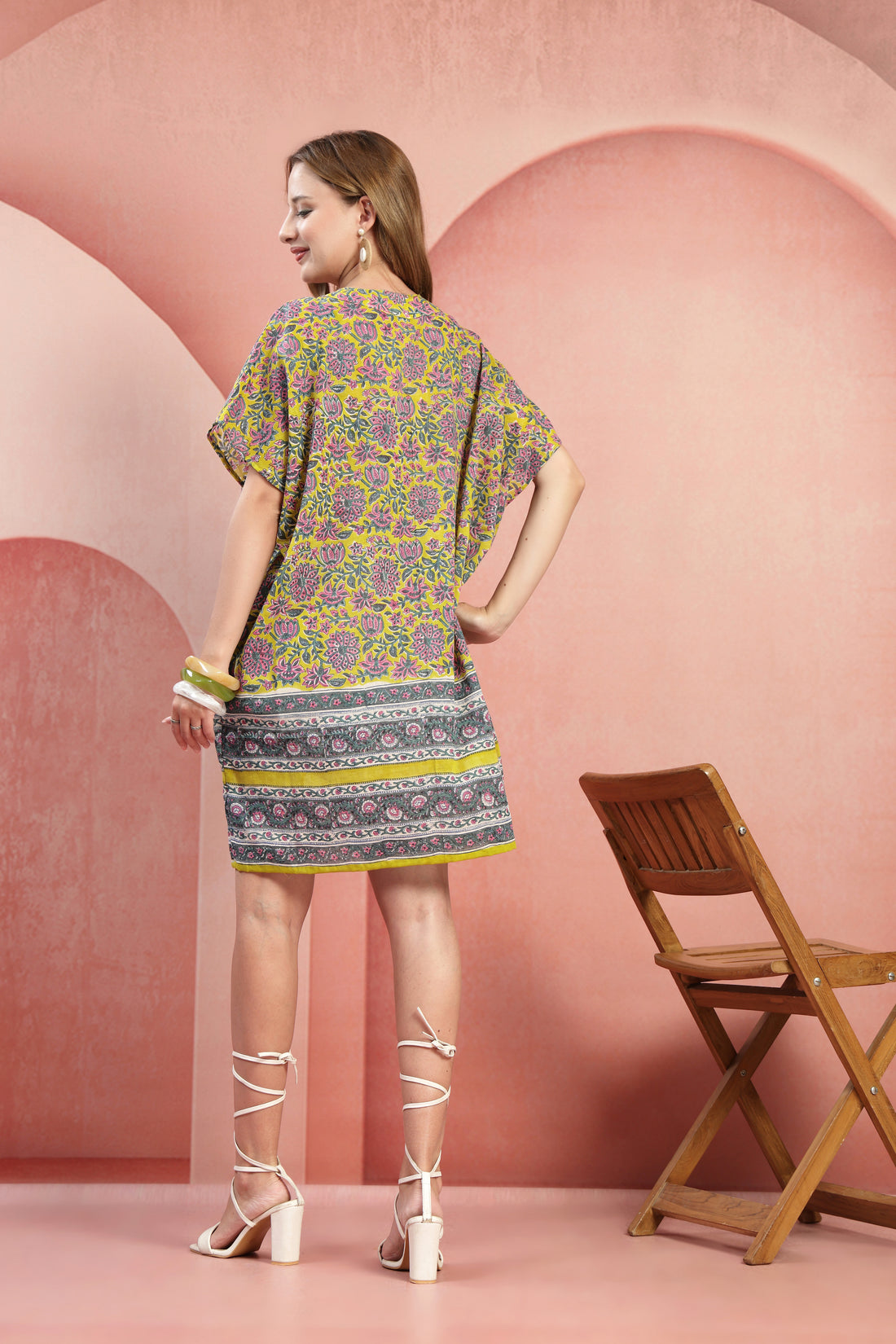 Multicolor Floral Printed Cotton Kaftan Dress with V-Neck