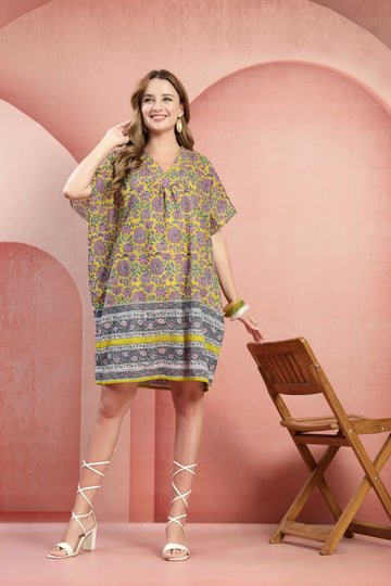 Multicolor Floral Printed Cotton Kaftan Dress with V-Neck