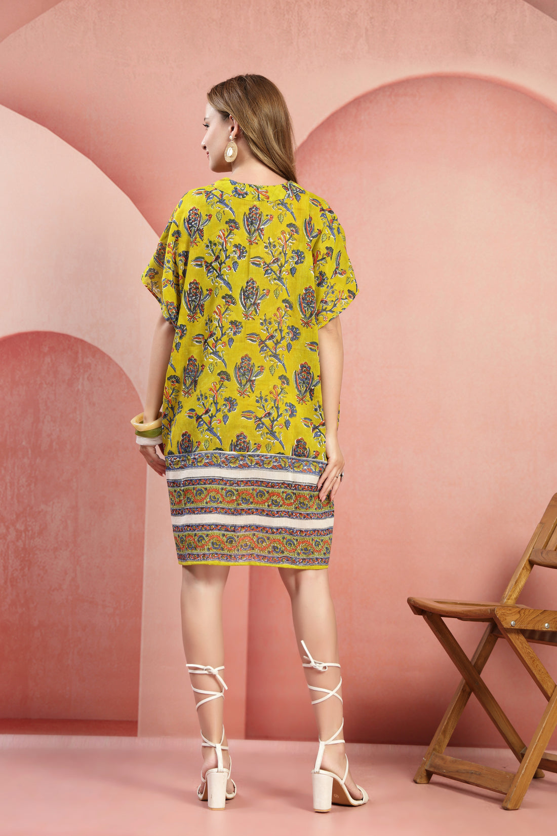 Mustard Yellow Floral Printed Cotton Kaftan Dress with V-Neck