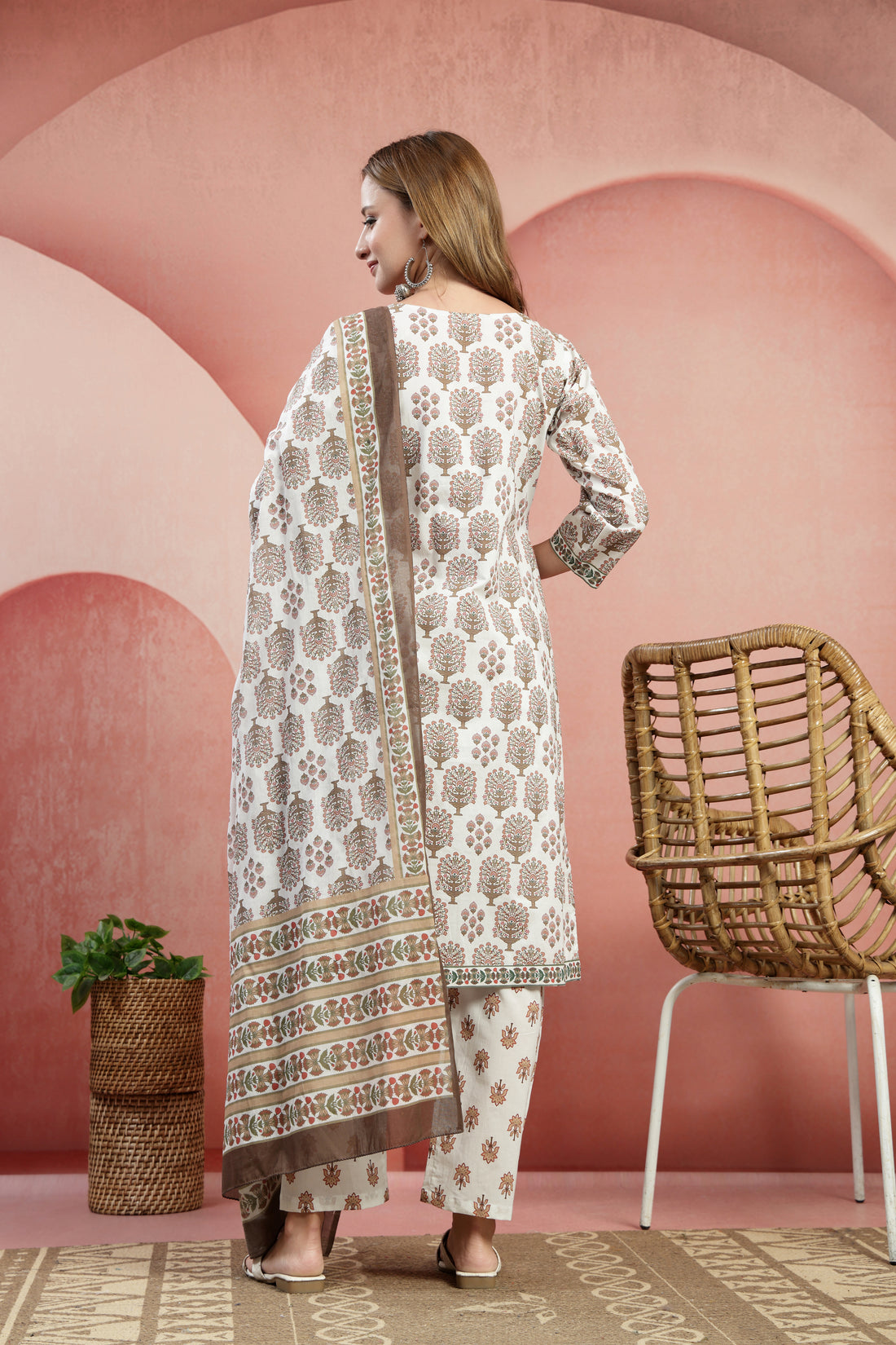 Women's White & Sage Green Cotton Block Print Kurta Set