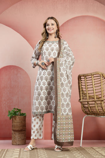 Women's White & Sage Green Cotton Block Print Kurta Set