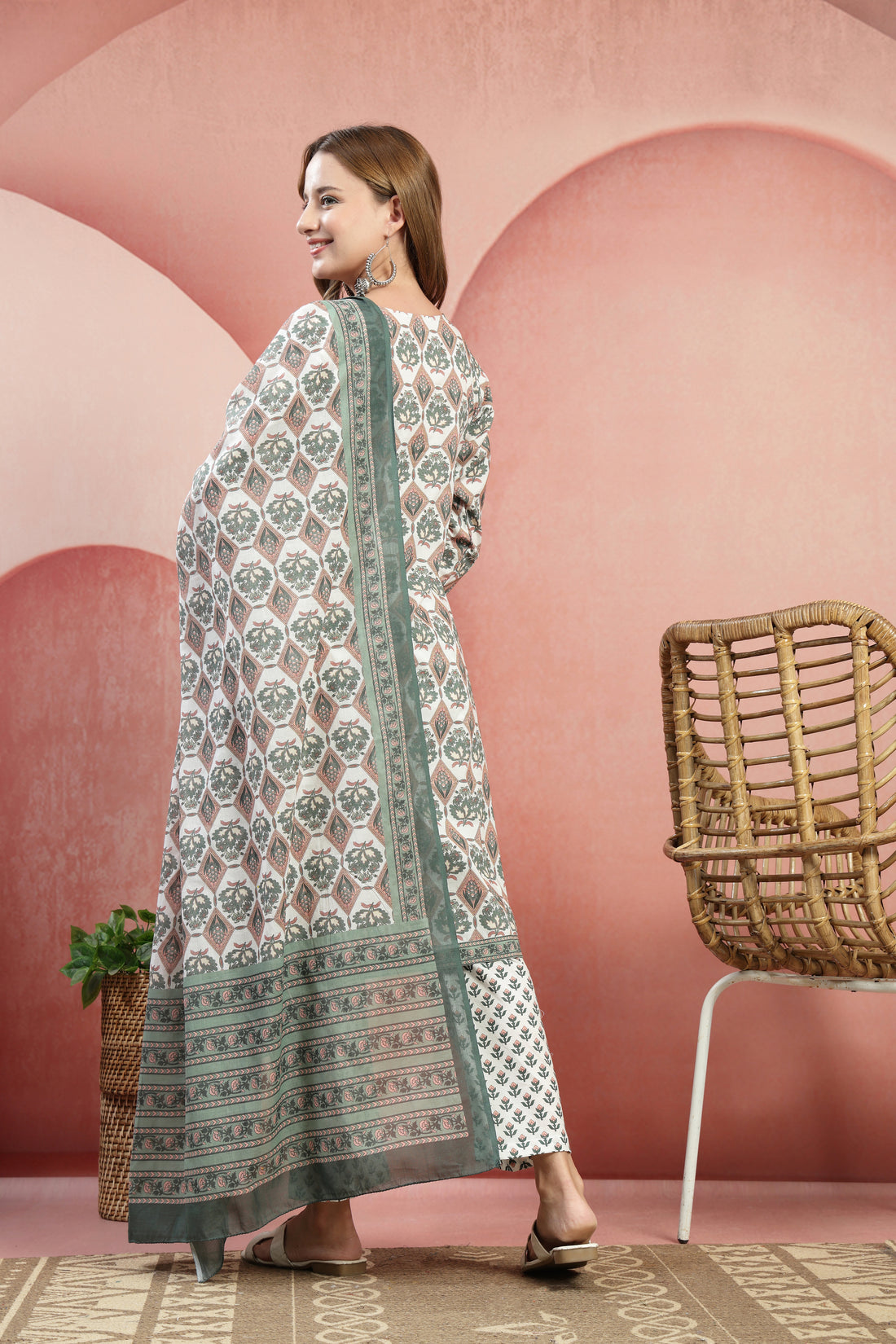 Printed Cotton Kurta Set with Dupatta – Ivory & Sage Green