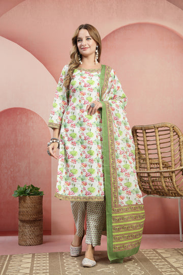 Printed Cotton Kurta Set with Dupatta – White & Green Floral