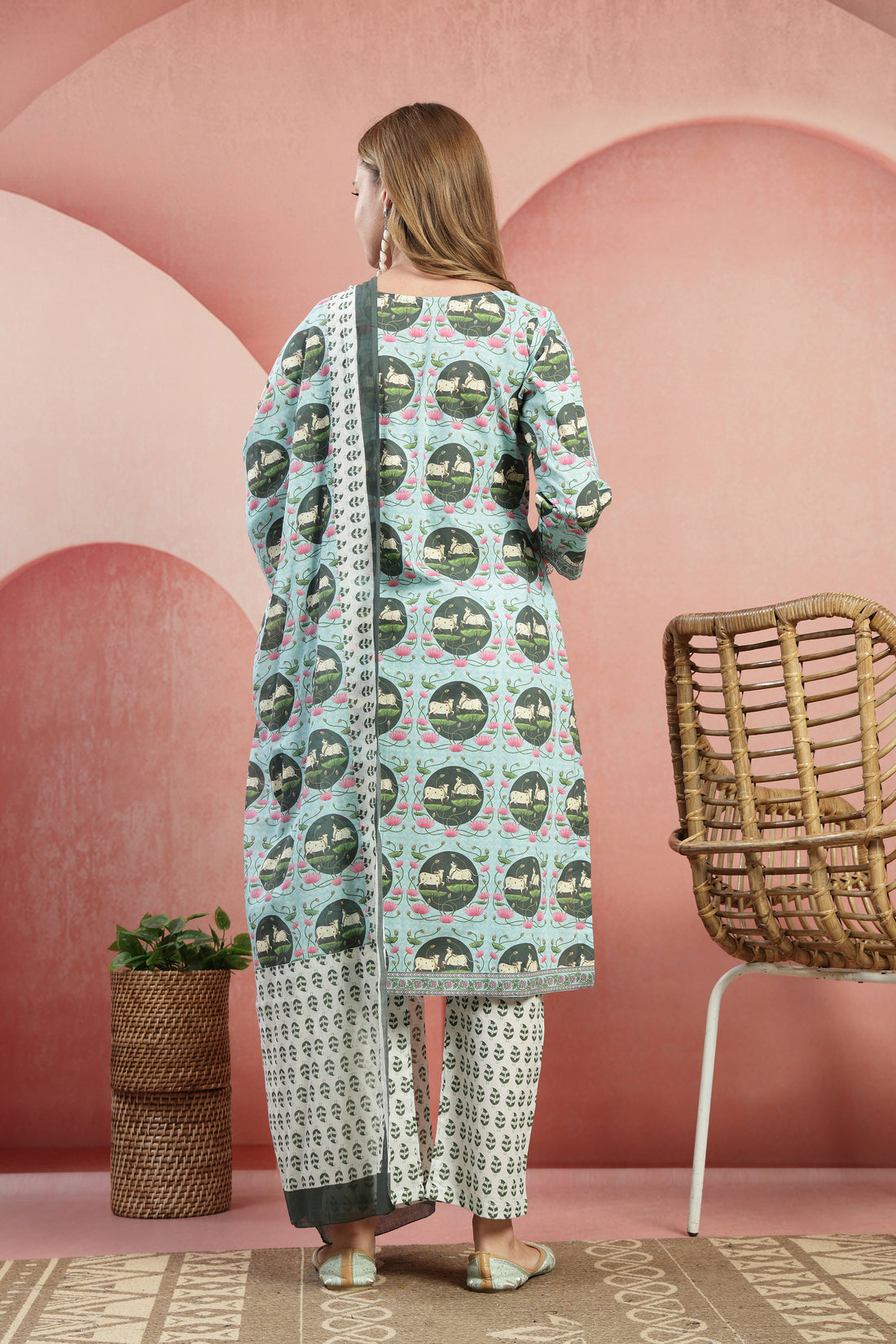 Cotton Kurta Set with Dupatta – Aqua Green