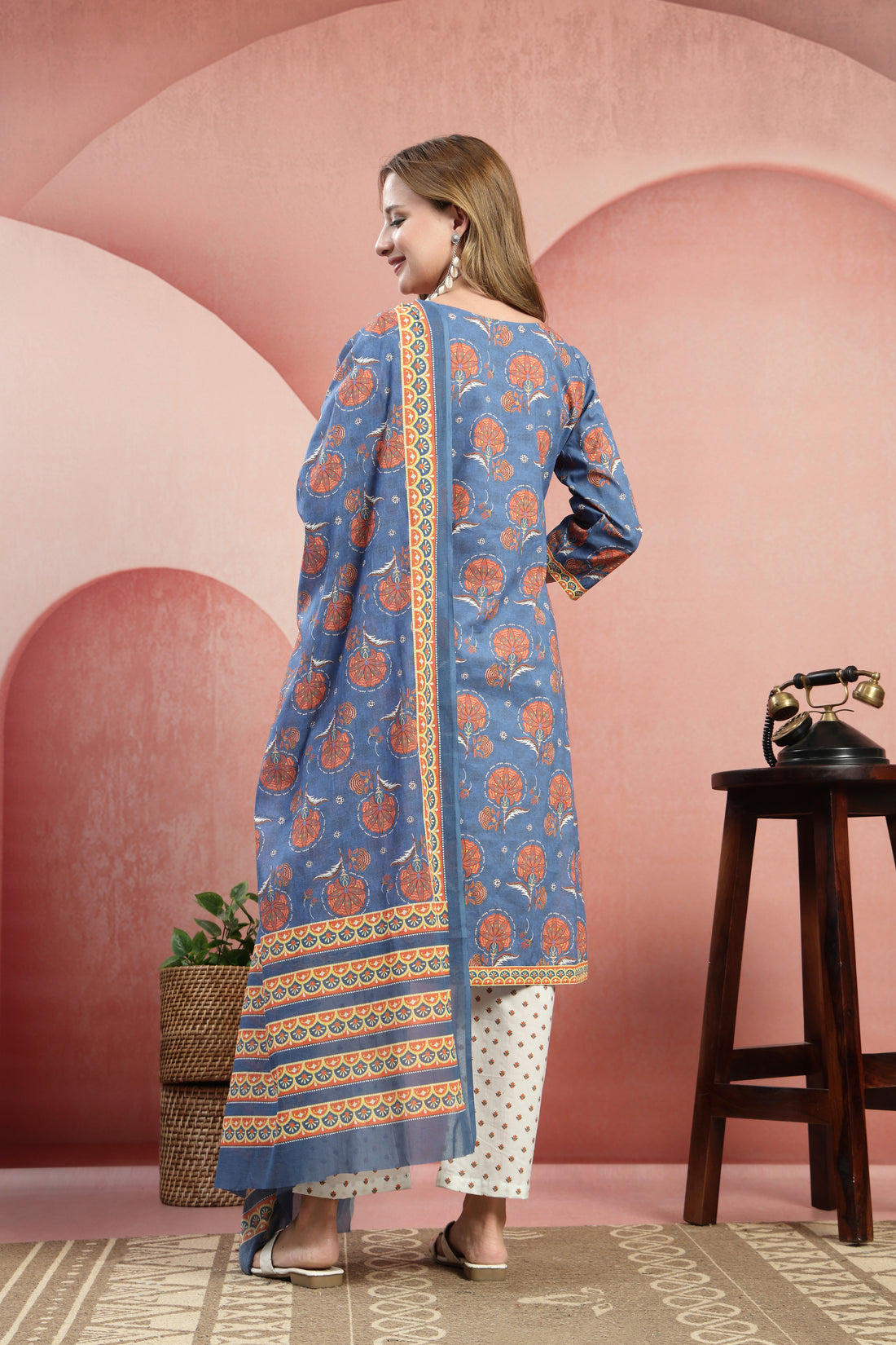 Printed Cotton Kurta Set with Dupatta – Blue Ethnic Motif