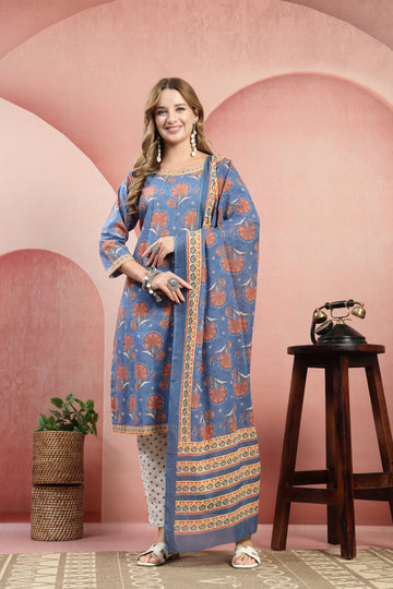 Printed Cotton Kurta Set with Dupatta – Blue Ethnic Motif