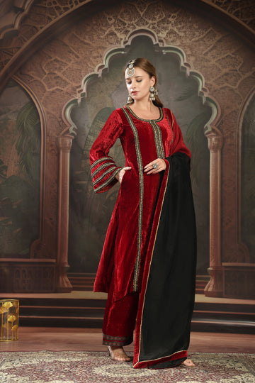 Regal Silk Velvet Embroidered Kurta Set – 3-Piece Luxury Ethnic Suite in Crimson & Noir