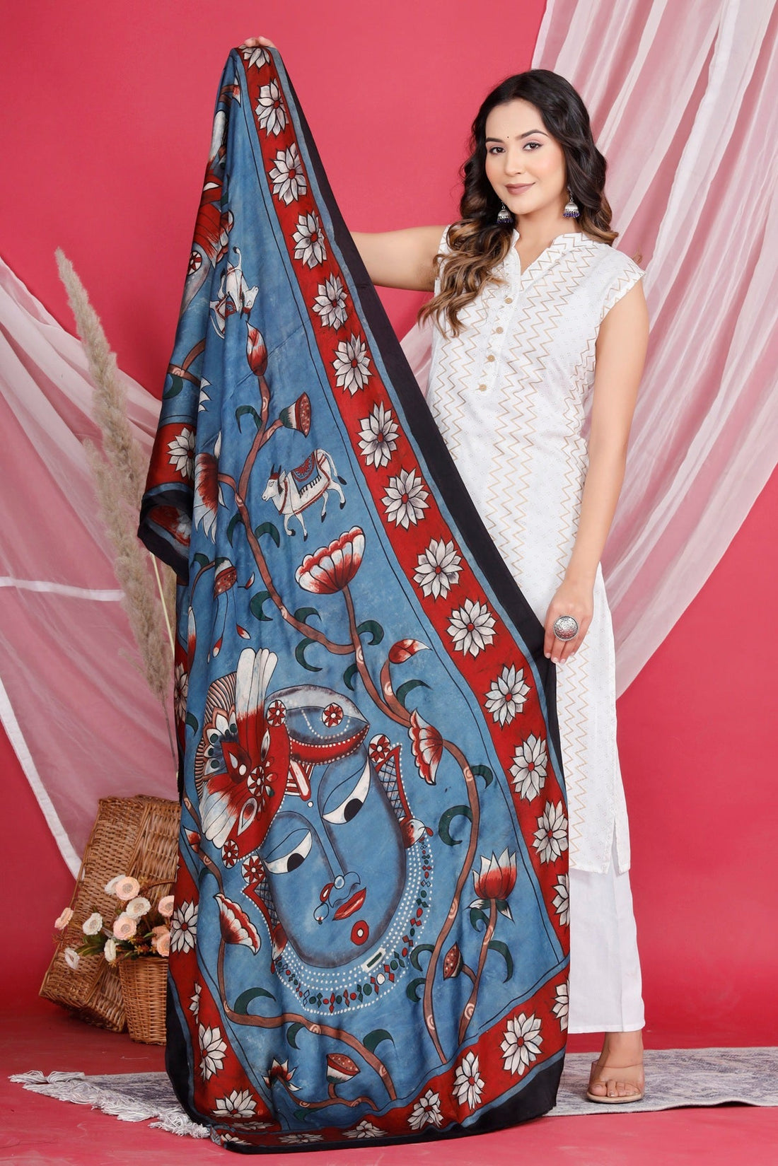 Natural Indigo Freehand Printed Dupatta