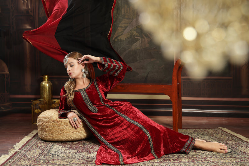 Regal Silk Velvet Embroidered Kurta Set – 3-Piece Luxury Ethnic Suite in Crimson & Noir